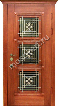 Стальная дверь с отделкой филенчатым МДФ со стеклом и ковкой с вензелями - купить от производителя Мосдвери Стальная дверь с отделкой филенчатым МДФ со стеклом и ковкой с вензелями